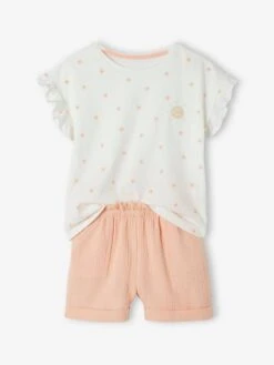 Ensemble T-shirt Et Short En Gaze De Coton Fille - Pêche