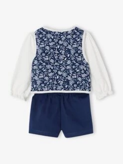 Ensemble T-shirt + Gilet à Fleurs + Short Bébé Fille - Bleu Jean -Vertbaudet Soldes Boutique ensemble t shirt gilet a fleurs short bebe fille 5