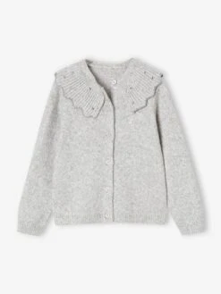 Gilet Fille Col à Strass - Gris Chiné