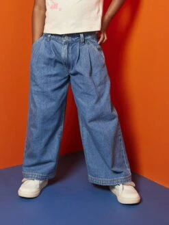 Jean Fille Large à Pinces - Bleu Moyen