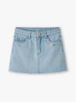 Jupe En Jean Brodée Fleurs Fille - Denim Bleached