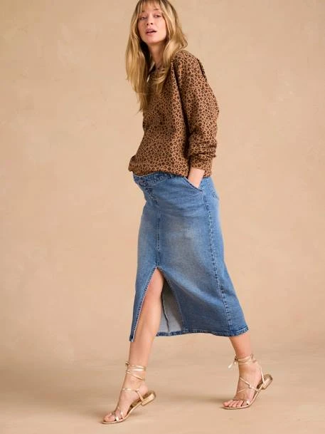 Jupe Longue En Jean Grossesse Fendue Devant - Bleu Moyen 2 Jupe Longue En Jean Grossesse Fendue Devant - Bleu Moyen – Image 2