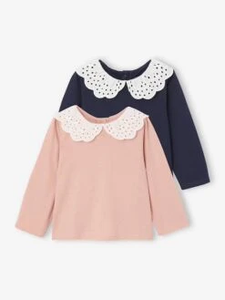 Lot 2 Tee-shirts Bébé Col En Broderie Anglaise - Rose Poudré