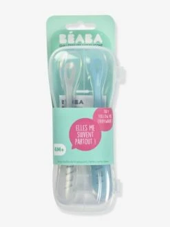 Beaba Lot De 2 Cuillères Ergonomiques D'apprentissage + Boîte De Transport - Rose/gris