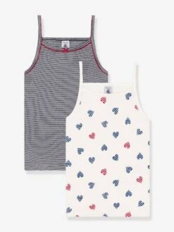 PETIT BATEAU Lot De 2 Débardeurs à Bretelles Enfant En Coton Imprimé Coeurs - Blanc