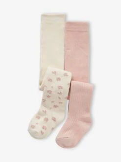 Lot De 2 Paires De Collants Bébé Fille à Fleurs Et En Côtes - écru