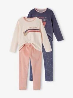 Lot De 2 Pyjamas Fille Velours Forever Love - Vieux Rose