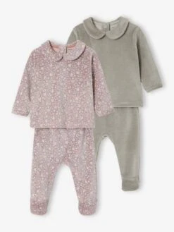 Lot De 2 Pyjamas Naissance 2 Pièces En Velours - Vieux Rose