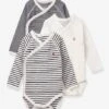 PETIT BATEAU Lot De 3 Bodies Croisés Manches Longues Rayés Bébé Naissance En Coton Bio - Marine