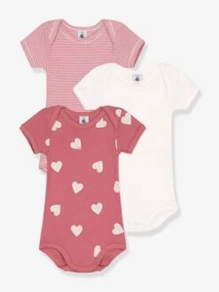 PETIT BATEAU Lot De 3 Bodies Manches Courtes Coeurs Bébé - Blanc