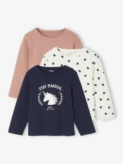 Lot De 3 T-shirts Fantaisie Fille Manches Longues - Rose Poudré -Vertbaudet Soldes Boutique lot de 3 t shirts fantaisie fille manches longues 14