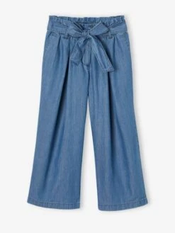 Pantacourt Large Style "paperbag" Fille En Denim Léger - Bleu Moyen