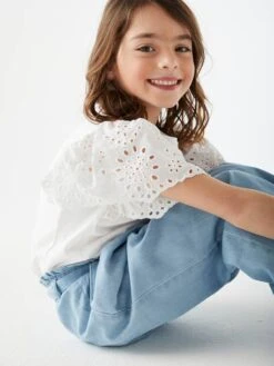 Pantacourt Large Style "paperbag" Fille En Denim Léger - Double Stone -Vertbaudet Soldes Boutique pantacourt large style paperbag fille en denim leger 5