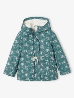 Parka à Capuche Motifs Fleurs Doublée Sherpa Fille - Vert émeraude