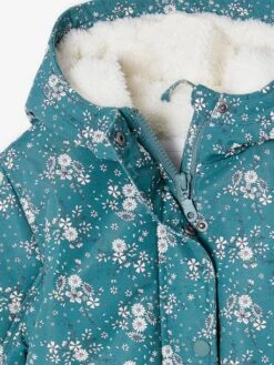 Parka à Capuche Motifs Fleurs Doublée Sherpa Fille - Vert émeraude -Vertbaudet Soldes Boutique parka a capuche motifs fleurs doublee sherpa fille 3