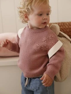 Pull Bébé En Tricot Avec Fleurs Brodées - Rose