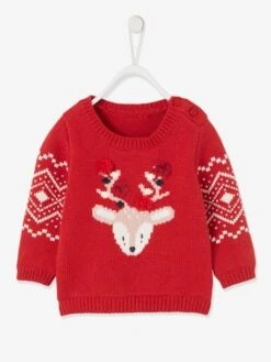 Pull De Noël Bébé Mixte Motif Renne - Rouge Brique