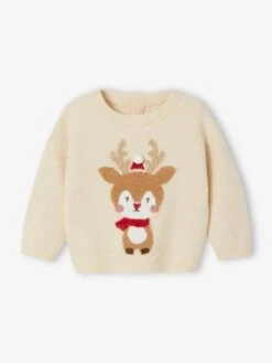 Pull De Noël Renne Détails Brillants Bébé - Beige Poudré