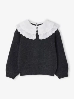 Pull Double Col Brodé Maille Mousseuse Fille - Anthracite