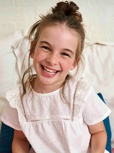 Pyjashort Fille En Voile De Coton Plumetis Et Broderie Anglaise - écru 2 Pyjashort Fille En Voile De Coton Plumetis Et Broderie Anglaise - écru – Image 2