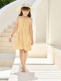 Robe à Bretelles En Gaze De Coton Fille - Beige -Vertbaudet Soldes Boutique robe a bretelles en gaze de coton fille 20
