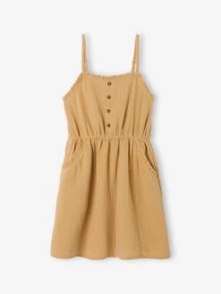 Robe à Bretelles En Gaze De Coton Fille - Beige -Vertbaudet Soldes Boutique robe a bretelles en gaze de coton fille 21
