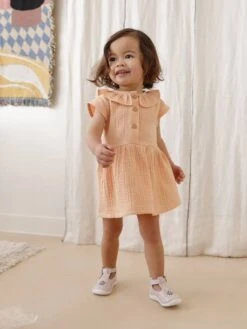 Robe à Collerette Bébé En Gaze De Coton - Orange