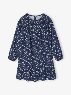 Robe à Smocks Motifs Fleurs Fille - Marine