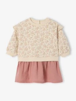 Robe Bi-matière Manches Longues - Vieux Rose