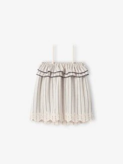 Robe Brodée Bébé à Bretelles - Beige Clair Rayé