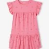 Robe Brodée Fleurs Fille En Maille Froissée - Rose Bonbon