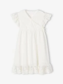 Robe Cache-coeur Cérémonie Fille Détails En Tulle Brodé - Blanc