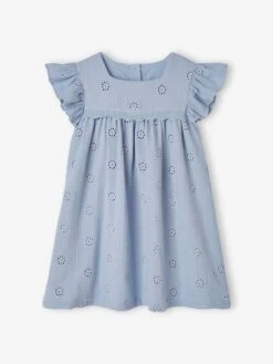 Robe Cérémonie En Broderie Anglaise Fille Gaze De Coton - Bleu Pâle