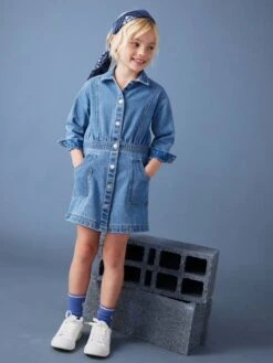 Robe En Denim Boutonnée Fille - Bleu Moyen