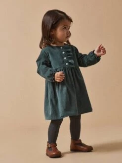 Cyrillus Robe En Velours Bébé - Vert Fonce Uni -Vertbaudet Soldes Boutique robe en velours bebe 3