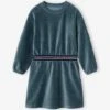 Robe En Velours Ceinture Rayée Irisée Fille - Bleu Canard -Vertbaudet Soldes Boutique robe en velours ceinture rayee irisee fille