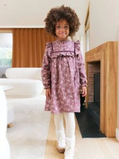Robe Fille Flanelle Imprimée Fleurs - Prune