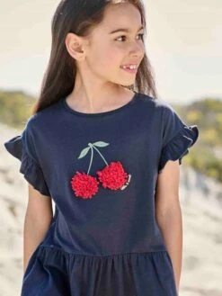 Robe Motif Fantaisie En Relief Fille - Marine -Vertbaudet Soldes Boutique robe motif fantaisie en relief fille 9