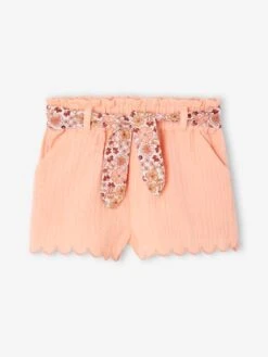 Short Bébé En Gaze De Coton Avec Ceinture Fleurie - Abricot