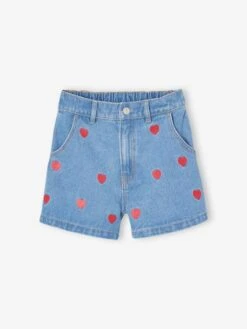 Short En Jean Motifs Coeurs Fille - Bleu Moyen