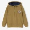 Sweat Capuche Montante Animation Badges Garçon - Olive