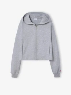 Sweat Court Zippé à Capuche Fille - Gris Chiné