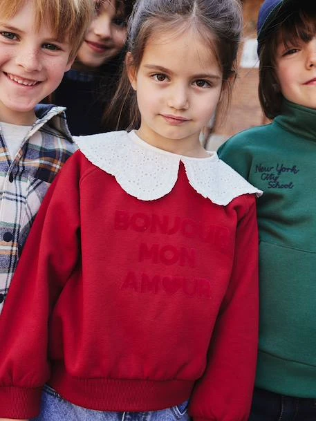 Sweat Fille Col Brodé Message Flock Velours - Rouge 4 Sweat Fille Col Brodé Message Flock Velours - Rouge – Image 4