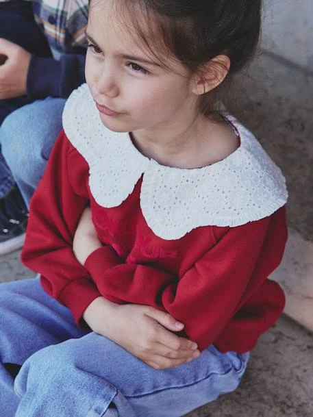 Sweat Fille Col Brodé Message Flock Velours - Rouge 5 Sweat Fille Col Brodé Message Flock Velours - Rouge – Image 5