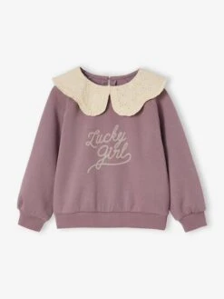 Sweat Fille Col Brodé Message Flock Velours - Mauve