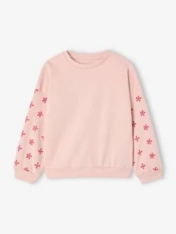 Sweat Manches Fleurs Ajourées Fille - Rose Pâle