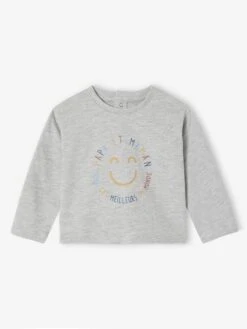 T-shirt Bébé Manches Longues Avec Imprimé Placé Devant - Gris Chiné