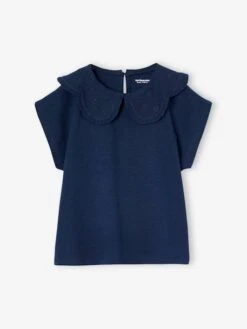 T-shirt Col Brodé Fantaisie Fille - Marine -Vertbaudet Soldes Boutique t shirt col brode fantaisie fille 16