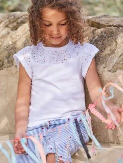 T-shirt Fille Avec Détails Broderie Anglaise - Blanc