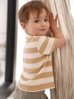 T-shirt Rayé Bébé En Maille Nid D'abeille - Cappuccino